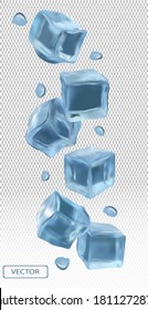 Cubos de hielo con agua gotas en un fondo transparente. Cubos de hielo congelados de diferentes ángulos. vector realista 3D. 