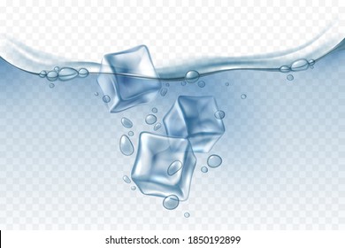 Ice cubes in water. Realistic iced pieces falling in aqua, air bubbles in clear liquid, freshcold soda drink with frozen blocks beverage cooling. Vector isolated on transparent background illustration