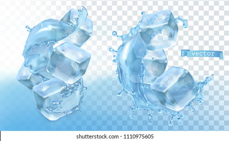 Ice Cubes And Water Splash. 3d Realistic Vector