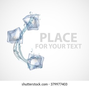 Ice cubes with water splash, isolated on white background. vector illustration