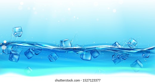 Ice cubes in water with splashes and drops. Dynamic motion of transparent aqua with droplets and air bubbles, pure hydration background for drink advertising design. Realistic 3d vector illustration