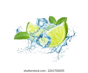 Ice cubes, wave splash, lime and mint leaves, mojito drink. 3d vector beverage swirl with citrus fruit slices, water drops and frozen icy blocks. Realistic liquid flow of refreshment tea or cocktail