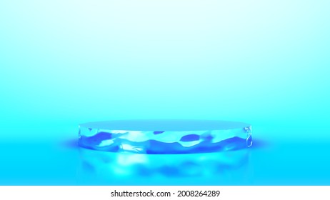 Ice cylinder podium on blue background. Minimal geometric podium template. Blank pedestal for advertising. Empty showcase for frozen goods, air conditioning equipment product presentation. Vector.