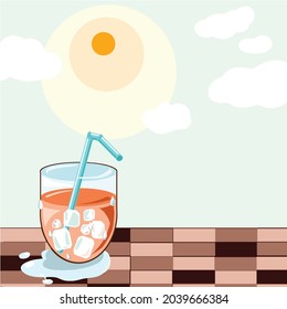 Ice drink on the wooden brown table with sky and sun background
