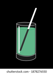 Ice drink with a straw. Green cocktail on a black background. Vector illustration.