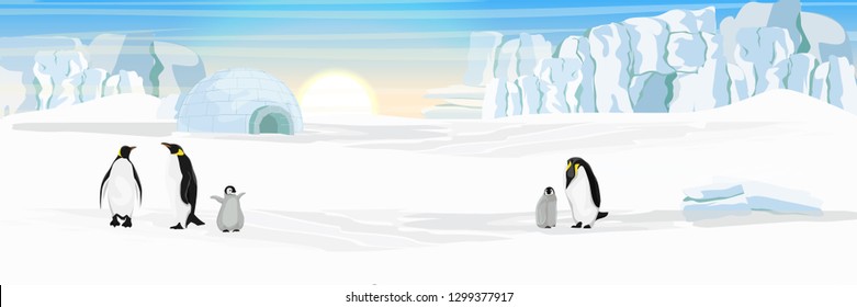 Eisbewohner Iglu. Siedlung Eskimos. Eine Herde realistischer imperialer Pinguine. Pinguine sind Eltern und ihr Küken. Der Gletscher und die schneebedeckte Ebene. Landschaften der Antarktis.