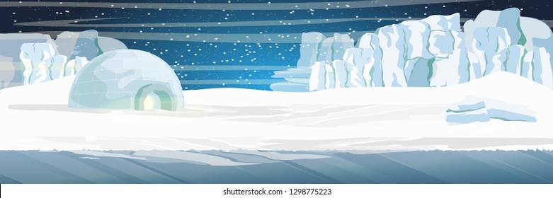 Ice dwelling igloo in the snow-covered plain. Glaciers. Starry night in the North. Vector landscape of the Arctic, Antarctica, Greenland, Alaska or Canada. Northern landscapes.