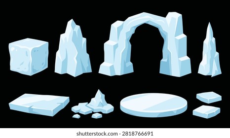Ice Elements Set with Iceberg, Frozen Cube, Arch and Glacier Rocks — Cartoon Vector Game Assets Illustration