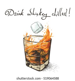 ice falls in whiskey.Design of alcoholic drinks.Vector illustration