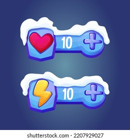 Ice fantasy interface winter template game menu life with heart shape button and energy in cartoon style isolated on white background. Ui asset, frame for settings design. Casual web 2d element.