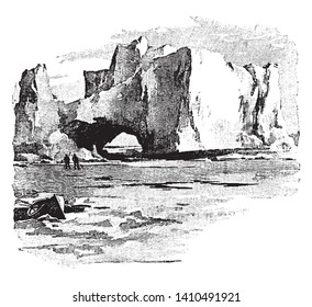 Ice Field is an expansive area of interconnected glaciers found in a mountain region, vintage line drawing or engraving illustration.