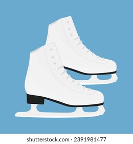 Ice figure skates. White ice skates for figure skating in winter. Element or accessory of a ski resort, mountain entertainment. Flat illustration of white shoes with blades for figure skating. Vector