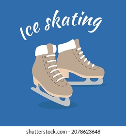 Ice figure skates. Winter vector illustration on blue background.