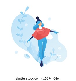 Ice figure skating graceful girl in beautiful poses frozen flowers background. Winter season card. Christmas holidays outdoor activities. flat sports illustration women silhouette on ice rink. Vector