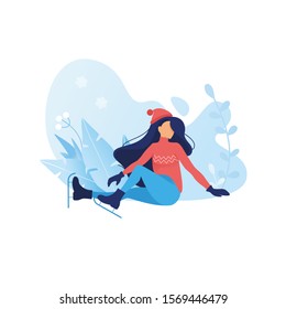 Ice figure skating graceful girl in beautiful poses frozen flowers background. Winter season card. Christmas holidays outdoor activities. flat sports illustration women silhouette on ice rink. Vector