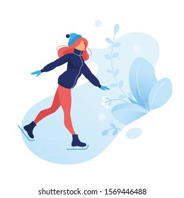 Ice figure skating graceful girl in beautiful poses frozen flowers background. Winter season card. Christmas holidays outdoor activities. flat sports illustration women silhouette on ice rink. Vector