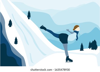 
Ice figure skating on frozen lake background in winter resort. Vector illustration.