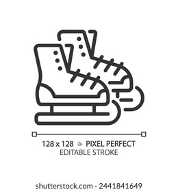 Ice figure skating pixel perfect linear icon. Winter sport footwear. Seasonal show, choreography performance. Thin line illustration. Contour symbol. Vector outline drawing. Editable stroke