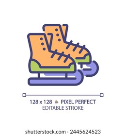 Ice figure skating pixel perfect RGB color icon. Winter sport footwear. Seasonal show, choreography performance. Isolated vector illustration. Simple filled line drawing. Editable stroke