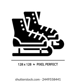 Ice figure skating pixel perfect black glyph icon. Winter sport footwear. Seasonal show, choreography performance. Silhouette symbol on white space. Solid pictogram. Vector isolated illustration