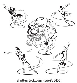 Ice figure skating set with professional skaters and calligraphic inscription in monochrome style isolated vector illustration