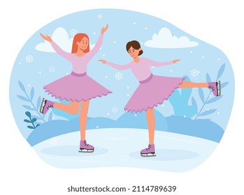 Ice figure skating. Two young girls in training, sportswoman, athletes. Winter sports, cold weather. Characters wearing in show clothes dancing at sports arena. Cartoon flat vector illustration