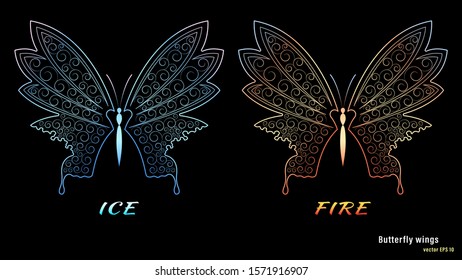 Ice and fire butterfly wings with a ornate gradient pattern isolated on black background. Outline detailed vector illustration stock. 