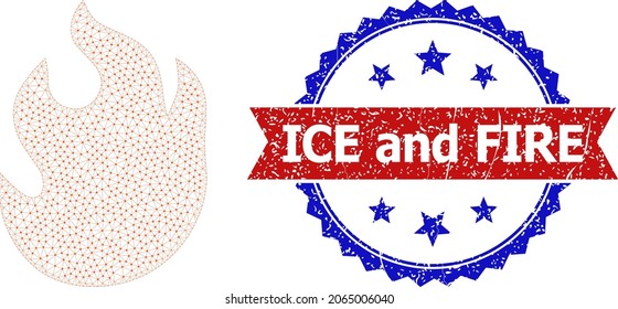 Ice and Fire dirty seal imitation, and fire icon triangular structure. Red and blue bicolor stamp seal includes Ice and Fire tag inside ribbon and rosette. Abstract 2d mesh fire,
