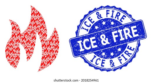 Ice and Fire grunge round seal imitation and vector recursive mosaic fire. Blue seal includes Ice and Fire title inside round shape. Vector mosaic is organized with repeating fire icons.