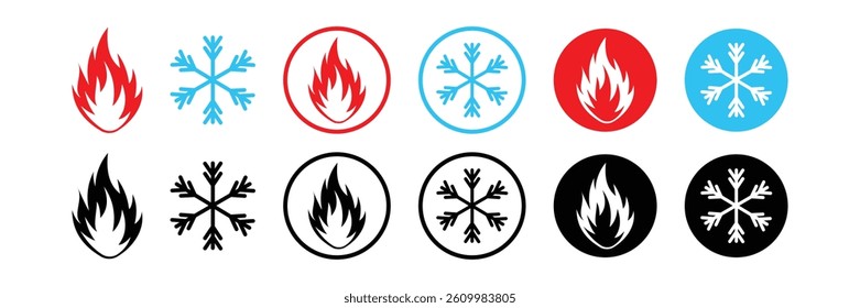 Ice and fire icon set. Modern hot and cold icon symbol website logo design. Ice and fire icon sign symbol. Flat style snowflake and fire icon isolated on white background. Vector illustration. EPS 10