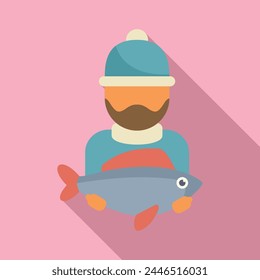 Ice fisher catch big fish icon flat vector. Camping snow. Vacation traveling