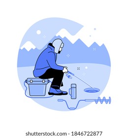 Ice fishing abstract concept vector illustration. Winter outdoor activities, ice fishing tools, equipment shop online, fisherman advice, catching, frozen lake, travel and hobby abstract metaphor.