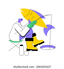 Ice fishing abstract concept vector illustration. Winter outdoor activities, ice fishing tools, equipment shop online, fisherman advice, catching, frozen lake, travel and hobby abstract metaphor.