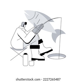 Ice fishing abstract concept vector illustration. Winter outdoor activities, ice fishing tools, equipment shop online, fisherman advice, catching, frozen lake, travel and hobby abstract metaphor.