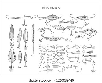 Ice fishing baits collection - jigs and jig heads, metal jigging spoons, balanced fish-profile lures and other vertical lures - big set of fishing devices. Outline black and white  vector illustration