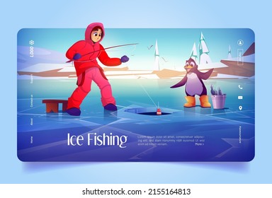 Ice fishing banner with man and penguin on frozen lake with hole. Vector landing page of season activity with cartoon illustration of winter landscape with fisherman with rod and cute animal