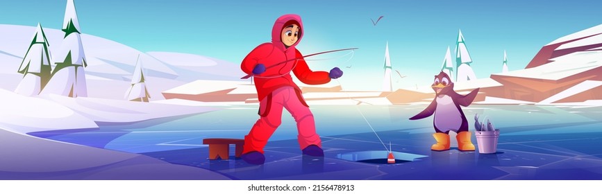 Ice fishing banner with man and penguin on frozen lake with hole. Vector poster of season activity with cartoon illustration of winter landscape with fisherman with rod and cute animal