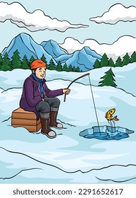 Ice Fishing Colored Cartoon Illustration