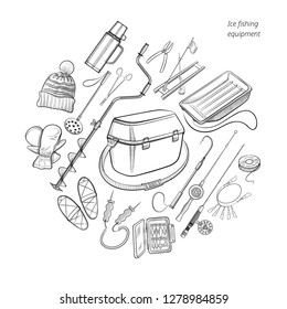 Ice fishing equipment collection - auger, rods and combos, seat box, winter apparel and other devices - big set with hand drawn fishing gear elements - outline vector illustration on white background