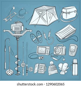 Ice fishing equipment collection - ice auger, shelter, seat box, sonar, flasher, GPS and other devices - big set with sketch style fishing gear elements - vintage vector illustration