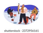 Ice fishing. Fisherman with caught fish on winter holiday. Men friends at frozen river water, catching with rods. Happy fishers at northern lake. Flat vector illustration isolated on white background
