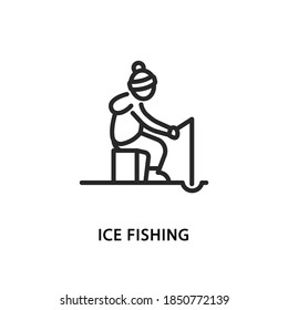 Ice fishing flat line icon. Vector illustration of a man in warm clothes who is fishing
