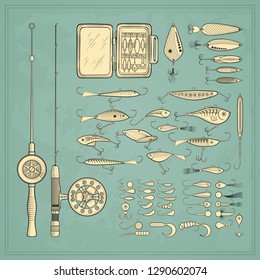 Ice fishing gear collection - jigs and jig heads, metal jigging spoons, balanced fish-profile lures, storage, rod and combo - big set of fishing devices. Vintage vector illustration.