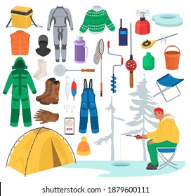 Ice fishing gear. Equipment for winter fishing, flat vector isolated illustration. Warm clothes, boots, gloves. Fisherman tackle and accessories. Winter outdoor sport activity, hobby.