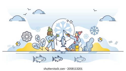 Ice fishing hobby as catching fish in seasonal winter time outline concept. Sitting on frozen lake with hole in ice and pull out fish with rod vector illustration. North leisure and outdoors activity.