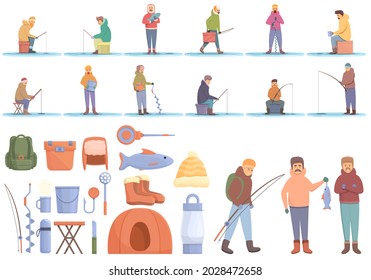 Ice fishing icons set cartoon vector. Winter frozen lake. Polar man activity