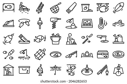 Ice fishing icons set outline vector. Winter frozen. Polar lake