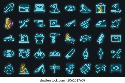 Ice fishing icons set outline vector. Winter frozen. Polar lake