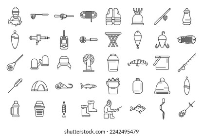 Ice fishing icons set outline vector. Winter frozen. Lake polar