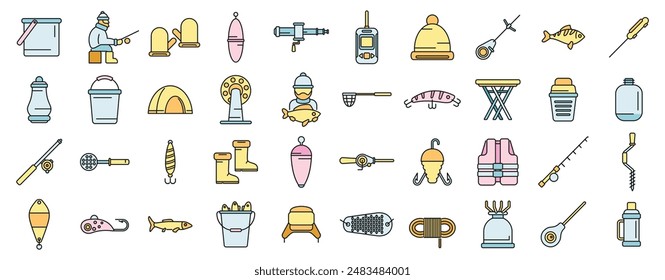 Ice fishing icons set outline vector. Winter frozen. Lake polar thin line color flat on white